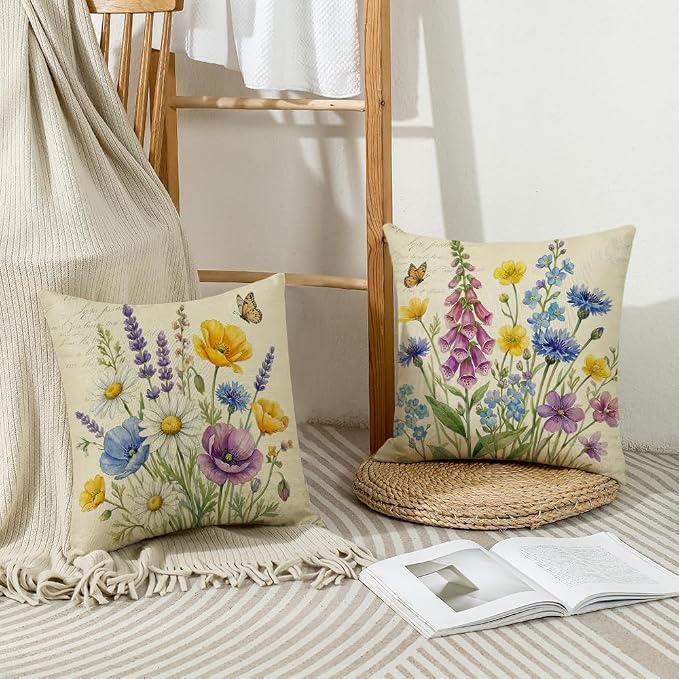 wyooxoo Throw Pillow Covers 16x16 Set of 4 Spring Pillow Covers Linen Flower Farmhouse Cushion Case for Sofa Couch Living Room Outdoor Home Decor