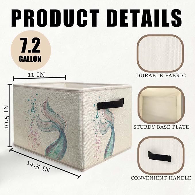 Ocean Mermaid Storage Bins Basket, Toybox for Girls Room, Glitter Mermaid Tail Collapsible Fabric Storage Box Organizer for Bedroom Bathroom Clothes Books Toys