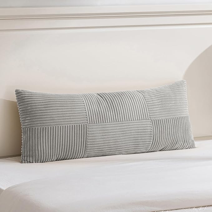 Fancy Homi Set of 2 Grey Boho Long Lumbar Body Decorative Throw Pillow Cover 14x36 Inch for Bed Couch Bedroom Bench, Soft Patchwork Corduroy Textured Pillow Case, Rustic Farmhouse Room Décor