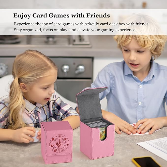 Arkeiliy Card Deck Box, 110+ Storage MTG Deck Box with 50 Pcs Card Sleeve, Collectible Trading Card Cases for Magic Commander and More (Pink)
