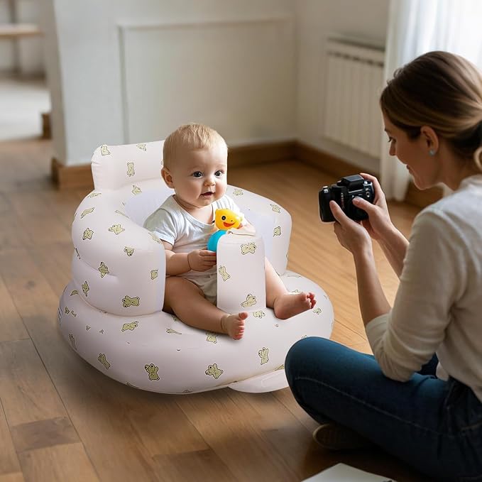 AirSwim Inflatable Baby Seat, Inflatable Baby Chair for Babies 3 Months and Up Summer Baby Inflatable Seat for Sitting Up, Blow Up Baby Floor Seat with Built in Air Pump, Bear