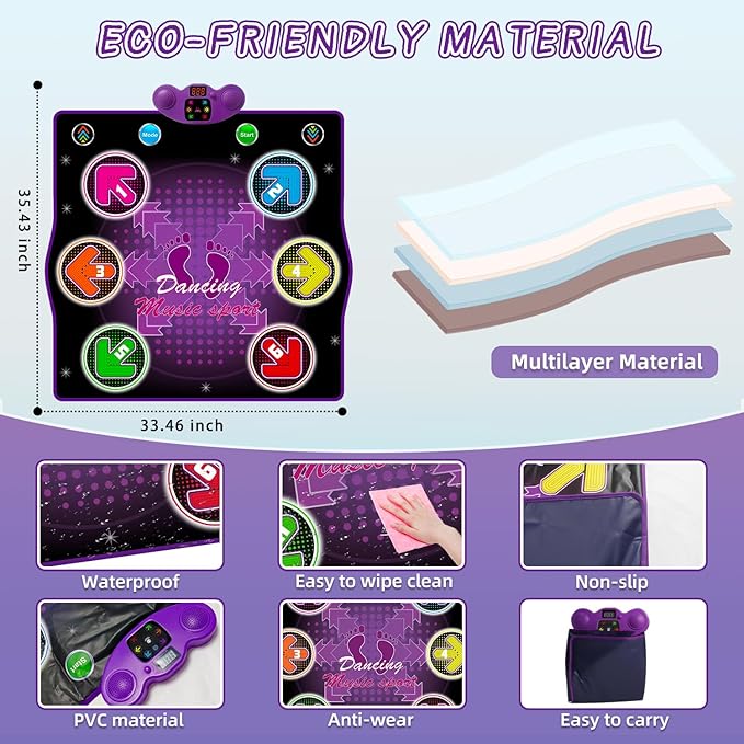 Ysityum Kids Dance Mat Toy with 2 Gesture-Sensing Wristbands - Wireless Bluetooth Light-Up 6-Key Electronic Dance Pad, 6 Games & Music Modes, Birthday Gift for Girls Boys