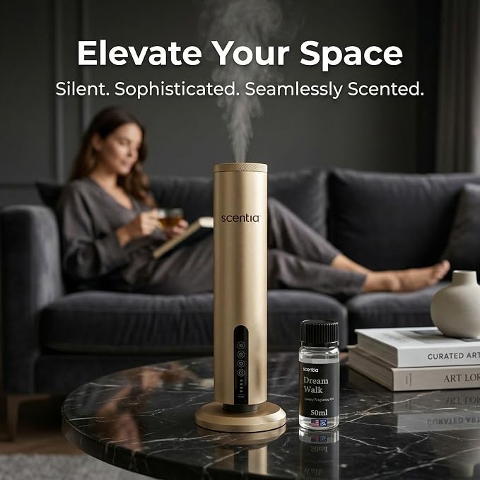 Scentia Wireless, Cold Air, Waterless Hotel Scent Diffuser for Home,Office or Spa Aromatherapy | Includes Premium USA-Made Oil Blend | App Controlled, | Covers 1500 Sq Ft | 72 Hrs in 1 Charging |Gold