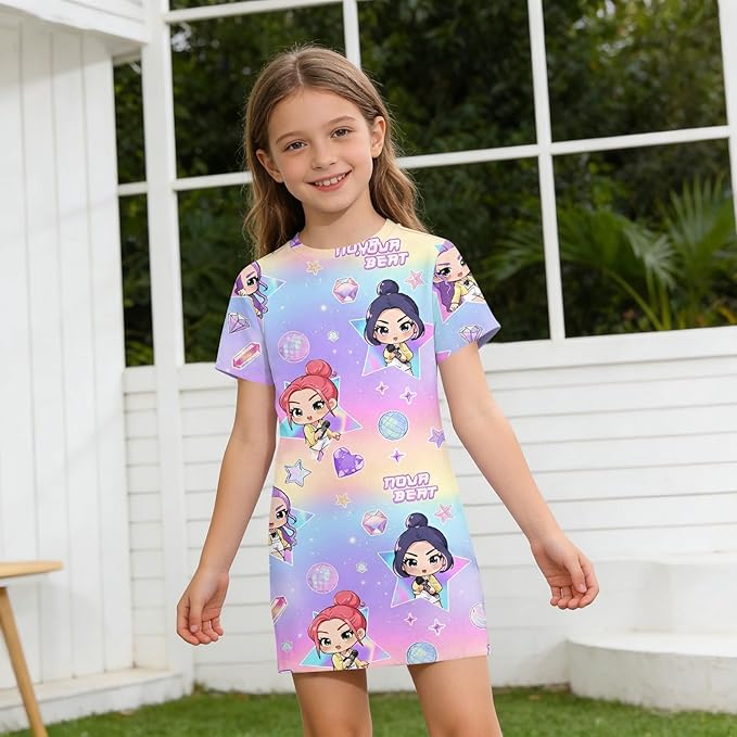 Girl's Anime K-POP Graphic Long Dress T-Shirt - Casual Loose Fit Short Sleeve Top