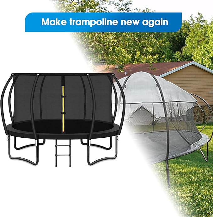12Ft 8 Pcs Trampoline Curved Poles Replacement with Enclosure Net, Trampoline Curved Pole, Plastic T Connector, Fiberglass Rods, Mounting Hardware, Foam Covers