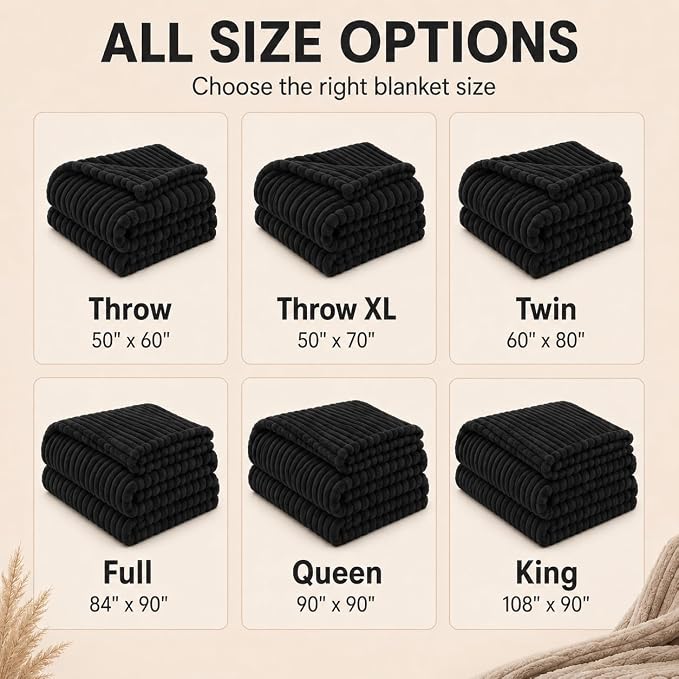 HIMEET Black Oversized Throw Blanket, 300GSM Ribbed Fleece, 50 x 70 Inches | Ultra Soft Flannel, All-Season Lightweight Warmth, Extra Coverage for Couch Lounging, Home Room Decor, Machine Washable