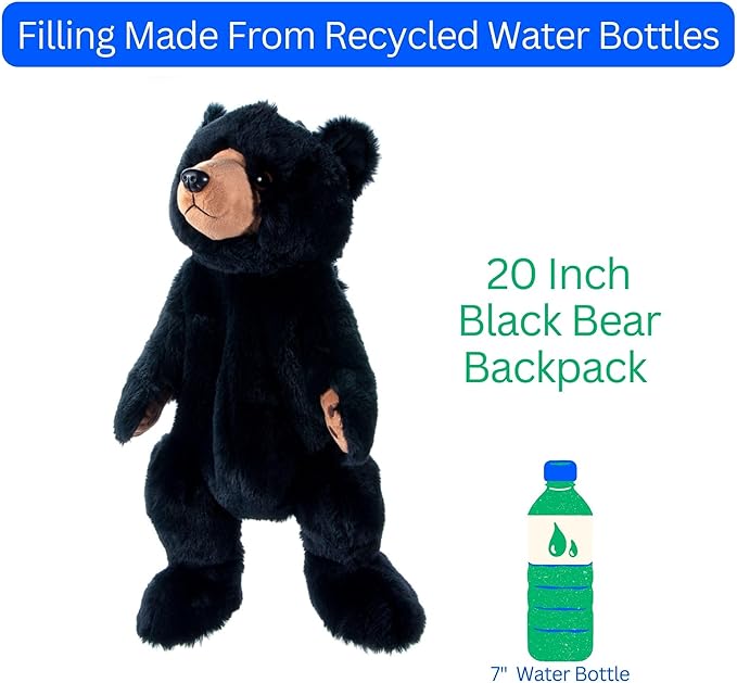 The Petting Zoo Black Bear Stuffed Animal Plushie Backpack, Gifts for Kids, Wildlife Animal Toy, Black Bear Plush Toy Book Bag, 20 inches