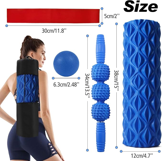 JOYENERGY 5 in 1 Foam Roller Set Trigger Point Foam Roller, Massage Roller Stick, Massage Ball, Stretching Strap for Deep Muscle Massage Pilates Yoga, Fitness Exercise for Whole Body (Blue Diamond)