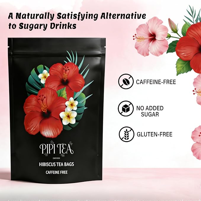 Pipi Tea Hibiscus Tea Bags Organic,100% Natural Organic Hibiscus Tea Bags,Natural Sweet & Sour Flavor,Caffeine-Free,30 Bags (2 Bag)