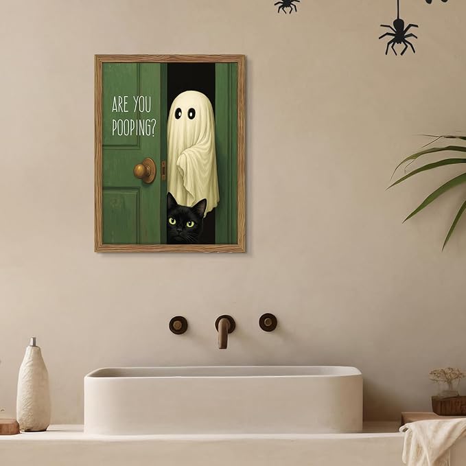 Funny Halloween Bathroom Wall Art, Vintage Cute Ghost Cat Canvas Wall Decor Paintings, Funny Are You Pooping Artwork Poster Print Picture for Bathroom Restroom 16x24 Inch Framed
