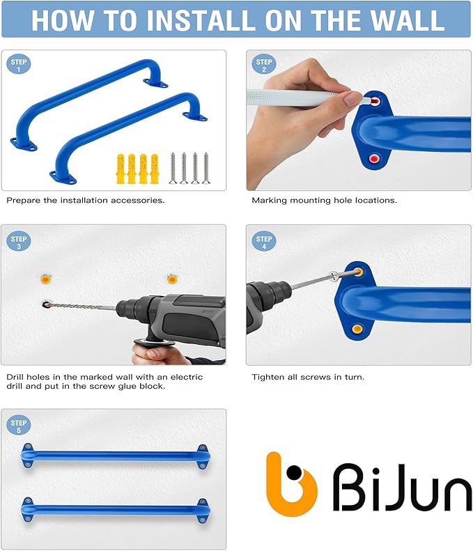 BiJun17 inch Metal Playground Handles,Monkey Bars Indoor Heavy Duty Safety Ceiling Grab Bars for Indoor Outdoor Playgrounds Climbing Frames,Treehouses,and Wall ladders (Blue Set of 4)