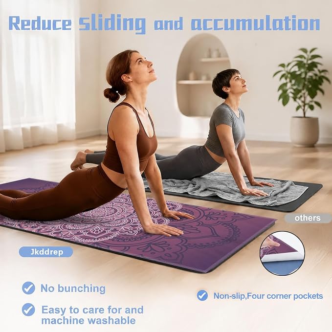 Yoga Mat Towel, Hot Yoga Non Slip with 4 Corner Pockets, 70 x 26 in | Soft Absorbent Microfiber With Four Corner Pockets, Fits Over Yoga Mats For Hot Yoga, Pilates, Gym, And Travel