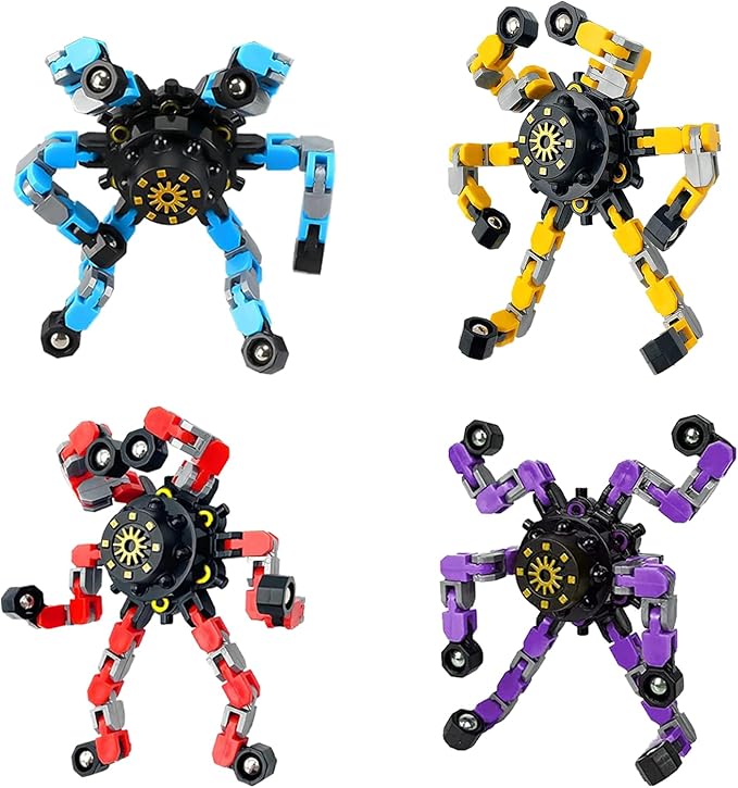 4 Pcs Finger Spinners Sensory Toys, Creative Transformable Chain Robot Toy Fidget Finger Spinners DIY Stress Relief Toy with Transformable Chain for Boys Girls