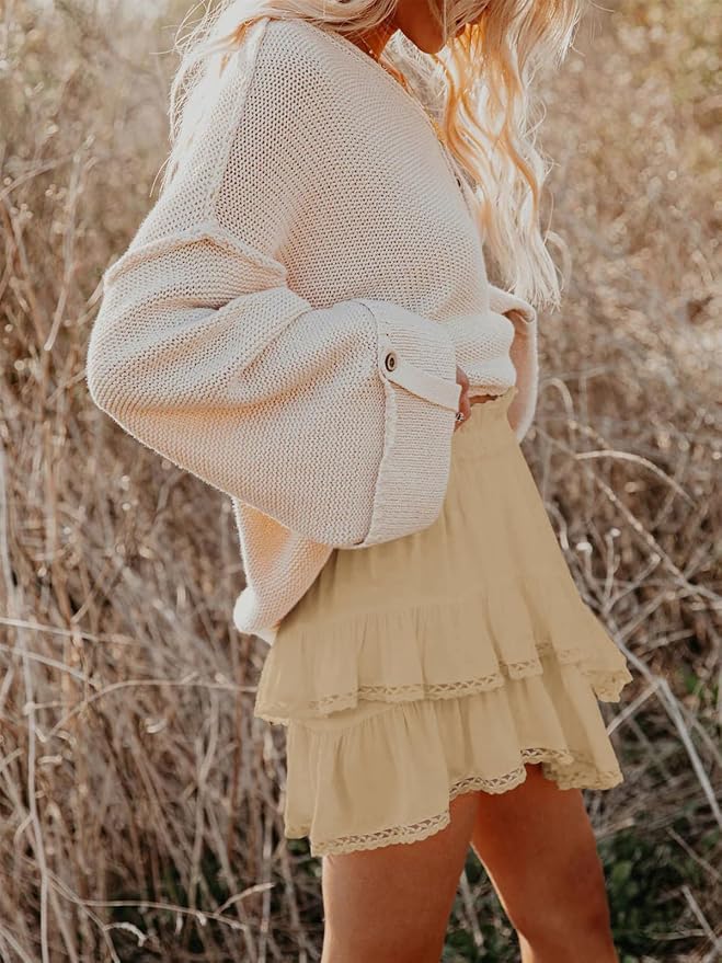 Flowy Shorts for Women Casual Boho Ruffle Tiered Skorts High Waist Mini Skirts Golf Tennis Crochet Shorts