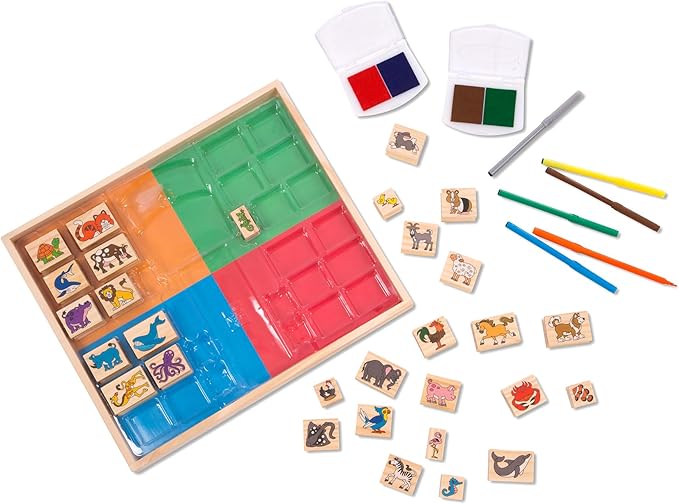 Melissa & Doug Deluxe Wooden Stamp Set: Animals - 30 Stamps, 6 Markers, 2 Stamp Pads Kids Art Projects, Wooden Stamps with Washable Ink, for Kids Ages 4+