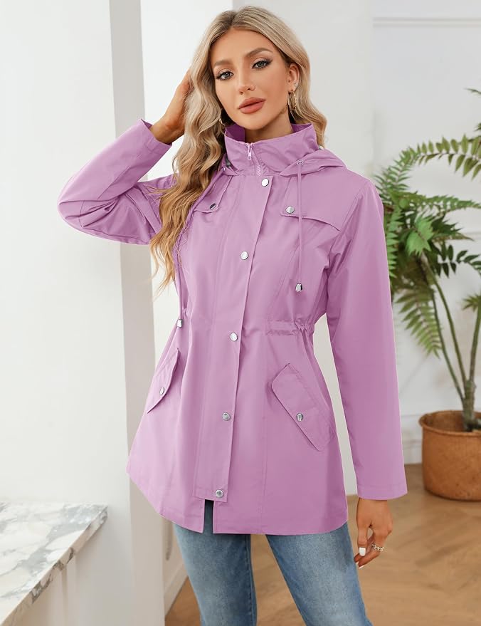 LOMON Women Waterproof Outdoor Hiking Raincoat Women Lined Rain Jacket Lightweight Hooded Jackets Trench Coats
