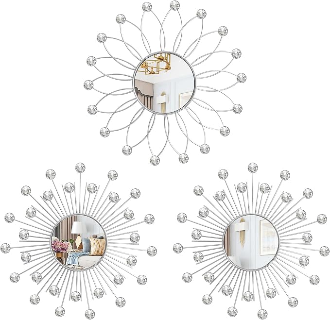 3 Pack Metal Mirrors for Wall Sunburst Wall Mirrors Home Décor Decorative Hanging Wall Art for Living Room Bedroom Entryway (Silver2 Crystal, Flower+Sunburst)