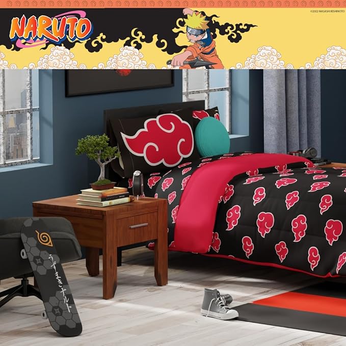 Collectibles Naruto Anime Akatsuki Bedding 5 Piece Super Soft Reversible Comforter and Sheet Set with Sham, Twin, (Officially Licensed Product) By Franco