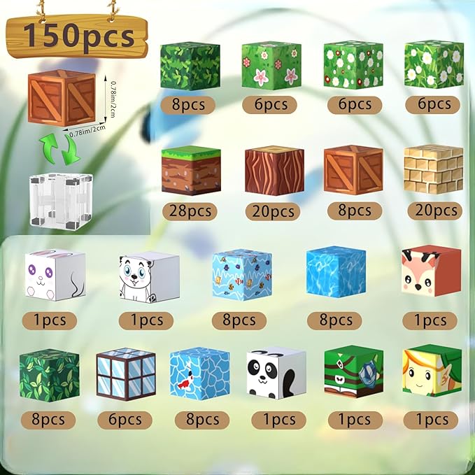 Magnetic Building Blocks Sets 150PCS Forest Wold Magnet Cubes STEM Learning Educational Montessori Sensory Games Toys Christmas Xmas Birthday Gifts for Old Kids Boys Girls Ages 3+,3-5,4-8,4-7