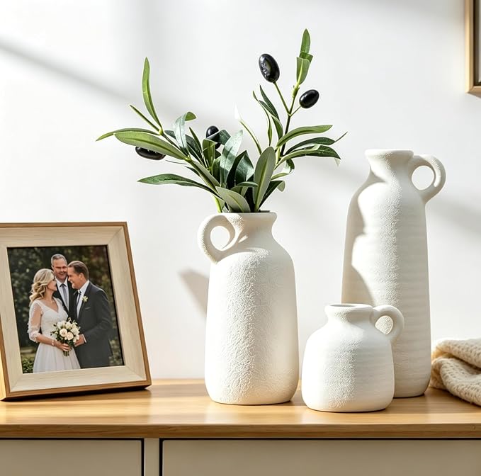 White Ceramic Vase Set of 3 with Handle, Waterproof Vases for Pampas Grass | Farmhouse Vases Home Decor for Dried Flowers, Flower Vase for Table Living Room Home Decor