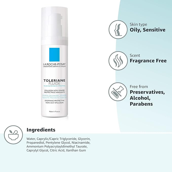 La Roche-Posay Toleriane Sensitive Fluide Protective Moisturizer,Lightweight Oil-Free Face Moisturizer,For Sensitive Skin,(Pack of 2)