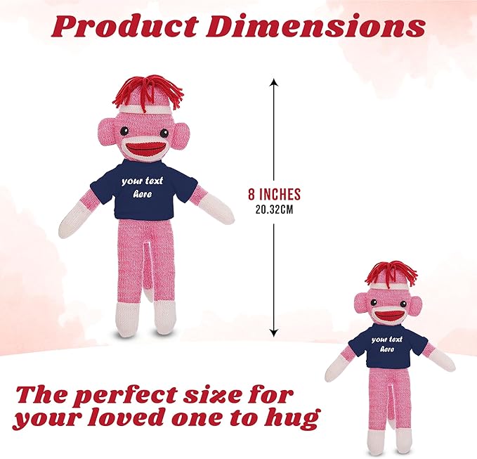 Huggable Pink Sock Monkey 8 Inch, Plush Stuffed Animal Personalized Gift-Custom Text on Shirt-Perfect for Halloween Day, Valentine's Day, Graduation Day, or Birthday Present (Navy)