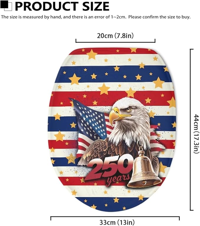 American Flag Toilet Lid Cover Set with Elastic Band US 250 Years Toilet Seat Cushion Cover Replacement for Bathroom Decor Machine Washable Polyester Fabric Bathroom Covers