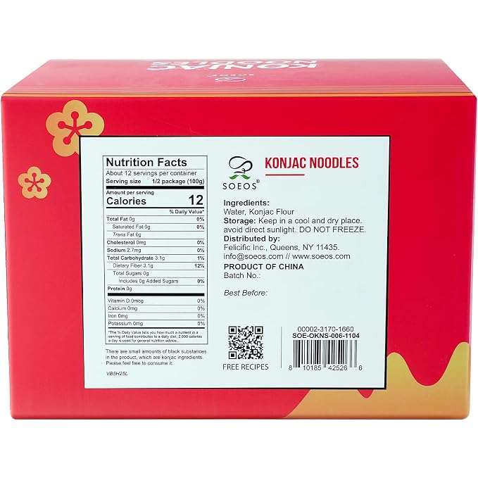 Soeos Organic Konjac Noodles, Spaghetti, 9.5oz (270g), 6 Packs, Kosher, Sugar Free, Gluten Free, Low Calorie, Low Carb Pasta, Shirataki Noodle