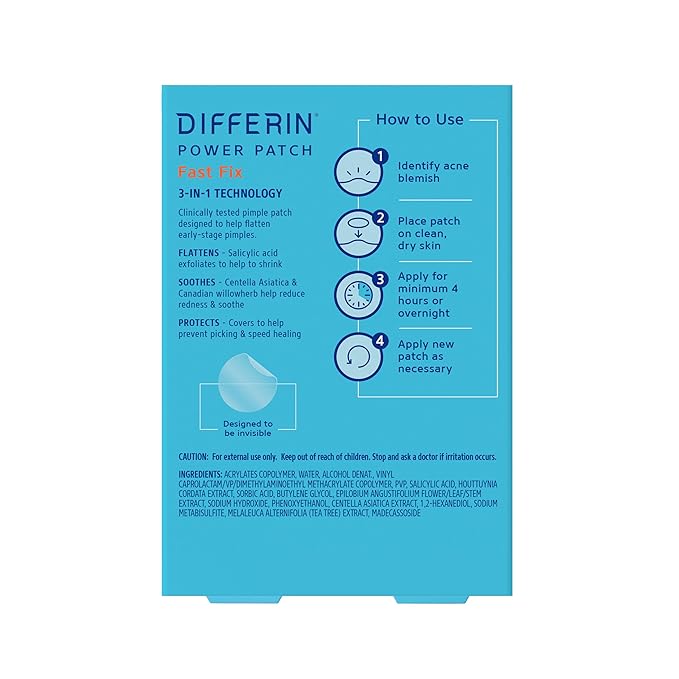 Differin Acne Patches, Pimple Patches for Acne Prone Skin, Formulated with Salicylic Acid and Centella, Fast Triple Action Power Patch for Day & Night, Dermatologist Tested, 36 Count