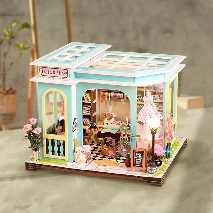 Foyucool DIY Miniature House Kit, Dollhouse Kit with LED Light, Mini House Building Kits for for Adult to Building, Christmas Home Decorations Gifts for Family and Friends, Tailor's Store