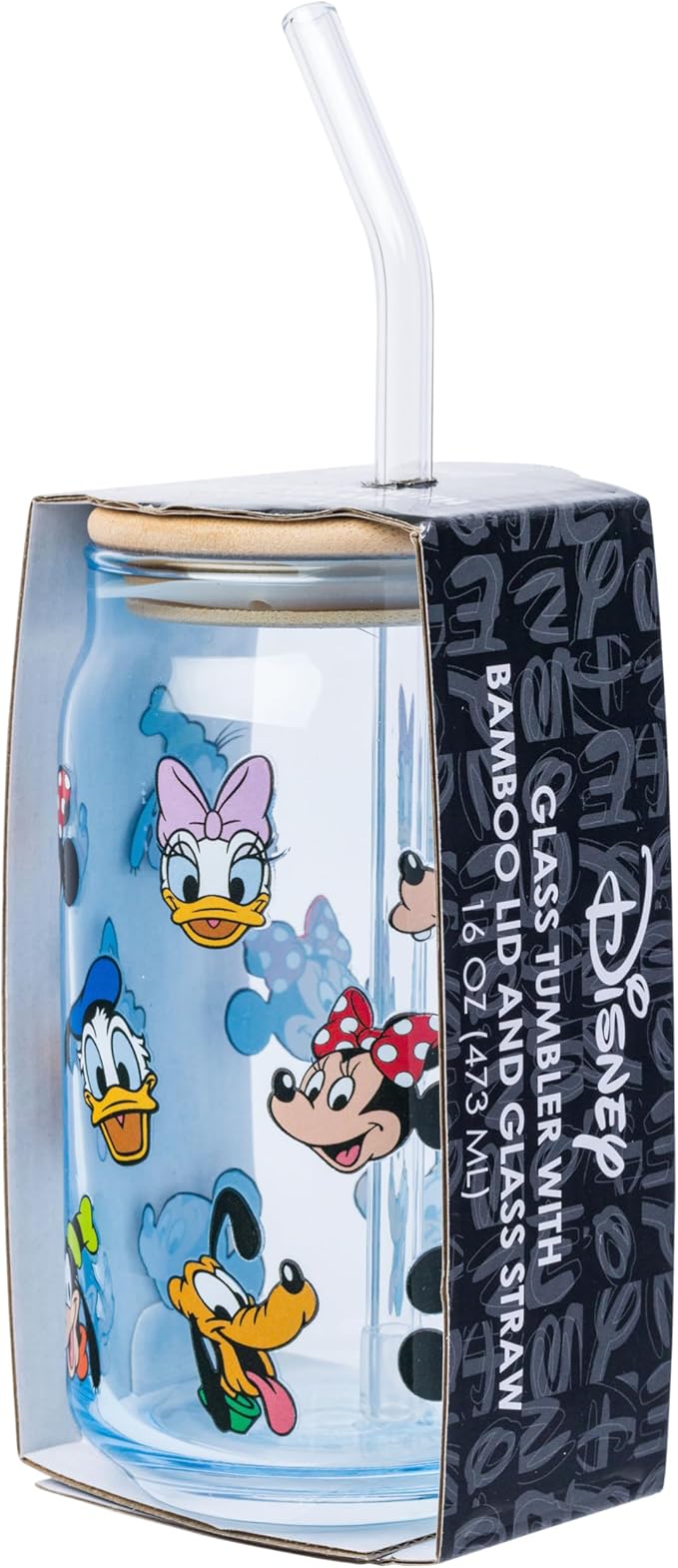 Silver Buffalo Mickey and Friends Pattern Glass Tumbler with Bamboo Lid and Glass Straw Featuring Minnie Mouse, Pluto, Goofy, Daisy Duck, Donald Duck, and Mickey Mouse, 16 Ounces