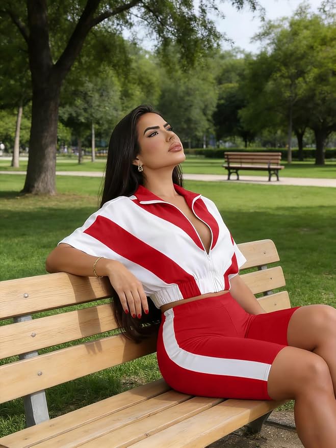 Adogirl Women 2 Piece Outfits Summer Tracksuit Color Block Short Sleeve Full Zip Up Cropped Jacket Bodycon Shorts Lounge Sets