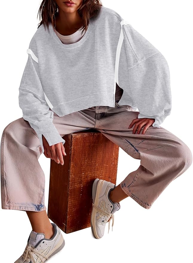 Zwurew Womens Casual Sweatshirt Cropped Shirts | Loose Fit, Tee Top, Pullover, Crop Hem, Design Trim, Daily Tops