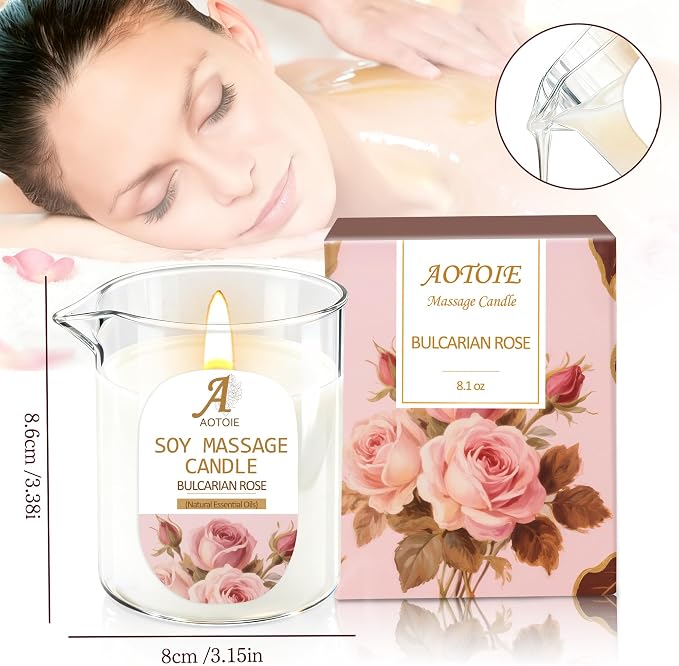 Massage Oil Candle 8.1 OZ for Massage Therapy and Skin Moisturizing,Natural Body Safe Soybeans Massage Oil Candles,Rose Scented Candles for Couples, Romantic Gift Scented Candles for Home SPA