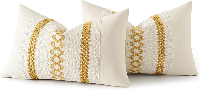 MIULEE Set of 2 Mustard Yellow Decorative Lumbar Pillow Covers 12x20 Inch | Fall, Boho Farmhouse Modern Couch Throw Pillows, Cotton Cushion Covers, Macrame Woven Home Decor for Bed Sofa Chair