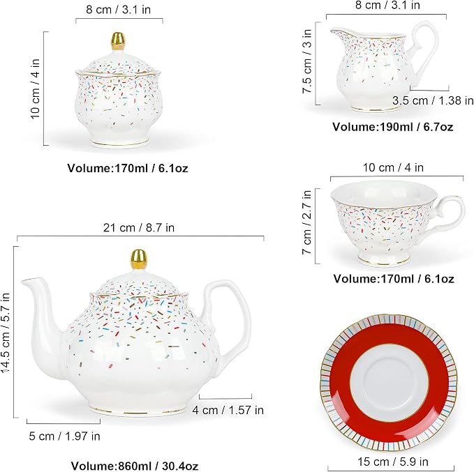 fanquare 21-Piece Colorful British Porcelain Tea Sets, 6 Cups and Saucers Set for Party, Rainbow Sprinkle Sugar Pattern Coffee Set for Adults, Birthday, Holiday, Celebrations