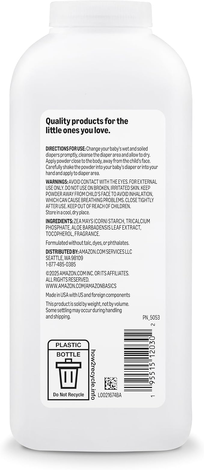 Amazon Basics Cornstarch Baby Powder, Hypoallergenic with Aloe and Vitamin E, 15 oz, 1 Pack