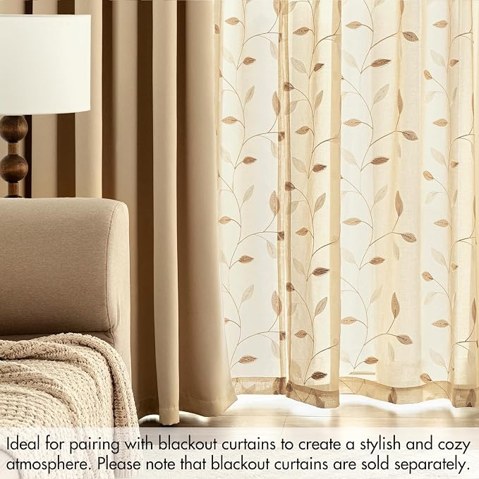 MIULEE Khaki Sheer Curtains 2 Panels Embroidered Leaf Patterned Rod Pocket Floral Semi Sheer Faux Linen Window Curtains Drapes Set for Living Room Bedroom Dining Room, 52x84 Inches Long