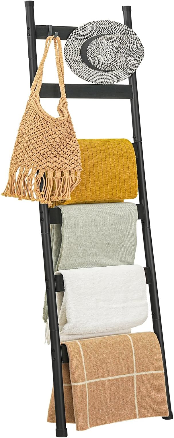 HOOBRO Blanket Ladder, 6-Tier Towel Rack with Hooks, Wall-Leaning Blanket Rack, Decorative Display Ladder Shelf, Scarves, Industrial, Living Room, Bedroom, Black BB66CJ01