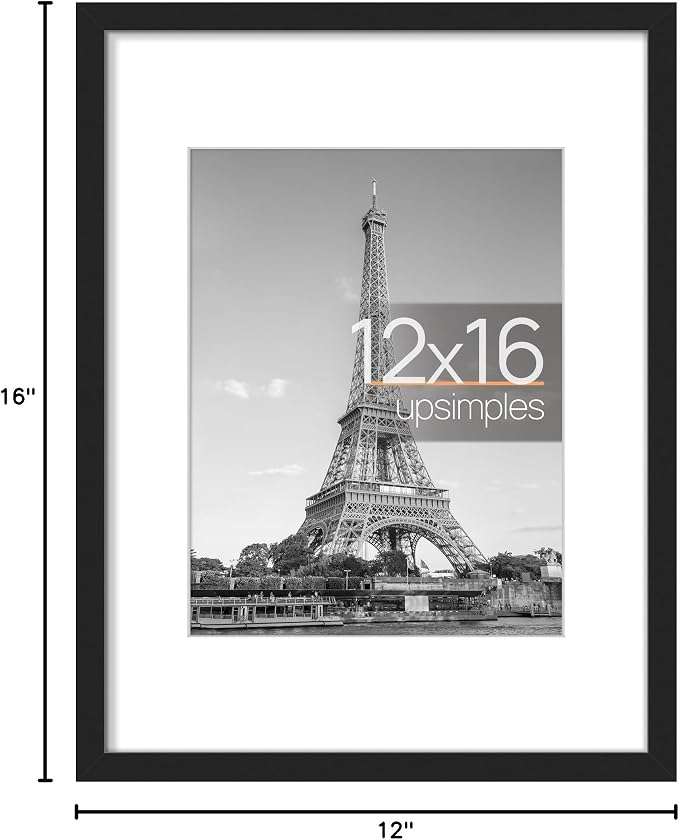upsimples 12x16 Picture Frame, Display Pictures 8.5x11 with Mat or 12 x 16 Without, Wall Hanging Photo Frame, Black, 1 Pack