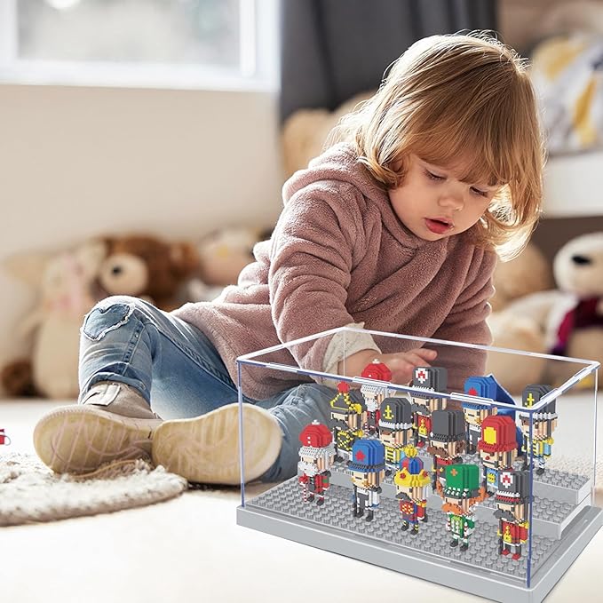 KKU 2 Pack Display Case for Minifigure Action Figures Blocks, Acrylic Minifigure Display Case Box Storage with 3 Movable Steps Gift for Kids Adults (Grey)