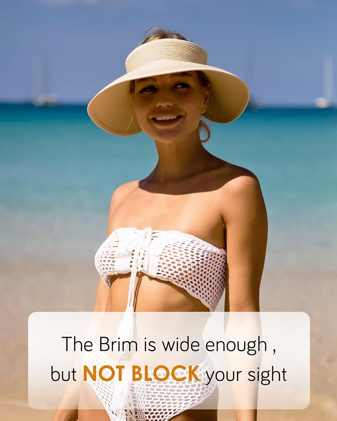FURTALK Womens Sun Hat with Ponytail Hole Wide Brim Beach Straw Visor | Foldable & Packable for Beach Vacations, Adjustable Fit for Messy Buns, Detachable Windproof Strap, Sweat-Wicking Inner Band