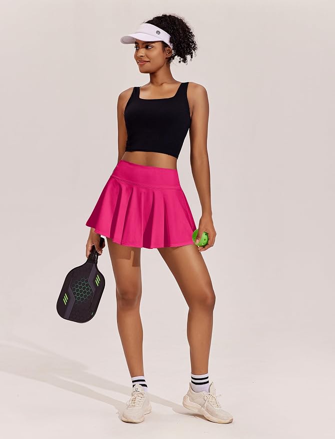 PINSPARK Womens Tennis Skirt 14" Pleated Athletic Golf Skorts with Pockets | High Waist, Tummy Control, Mini, Breathable, Lightweight, Soft, Built in Shorts, Pickleball, Casual