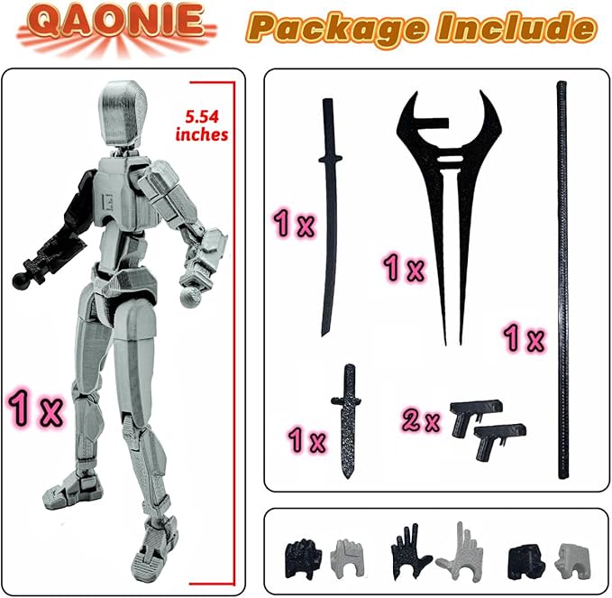 3D Printed 5.54-inch Multi-Jointed Action Figures Dummy13, Full Body Mechanical Movable Toy, Multiple Accessories, Hand Painted Figure, Desk Decoration, Creative Gifts (Z-Black Hand)