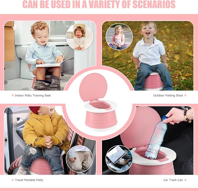 Portable Potty for Toddler Travel Foldable Potty Seat for Toddler Training Toilet for Kids Boys Girls Car On The Go Potty Travel Toilet Chair for Camping Park Indoor/Outdoor (Pink)