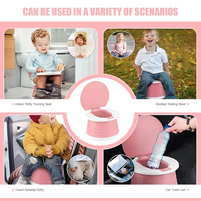 Portable Potty for Toddler Travel Foldable Potty Seat for Toddler Training Toilet for Kids Boys Girls Car Potty On The Go Potty Travel Potty Chair for Camping Park Indoor/Outdoor -105PCS Cleaning Bags