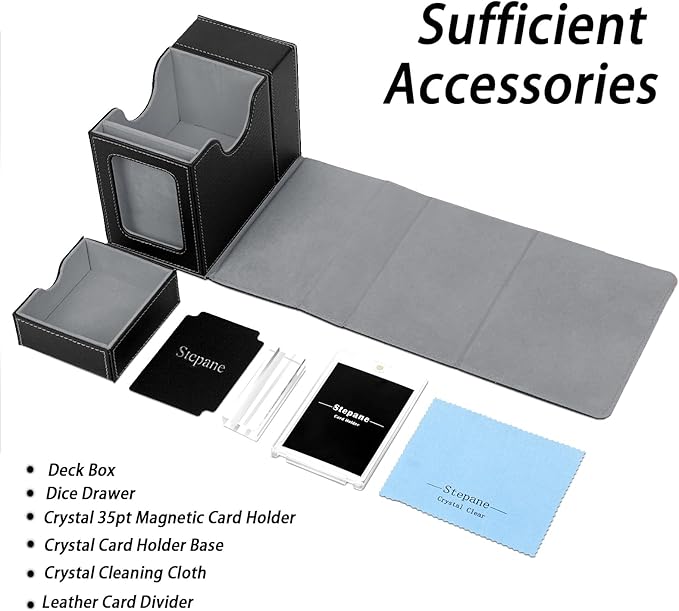 MTG Deck Box for Commander Display with Dice Tower, Fits 100 Double Sleeved Cards for TCG/PTCG, Cards Storage Case with Dice Tray and 35PT Magnetic Card Holder (Black/Grey)