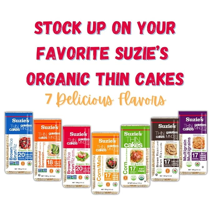 Suzie's Organic Brown Rice Cake Thins|6 Pack|Lightly Salted Low Sodium|USDA Organic, NON-GMO, Fat-Free, Sugar-Free, Gluten-Free|Low-Calorie Snack-21 Calories Per Slice|Bread & Cracker Replacement