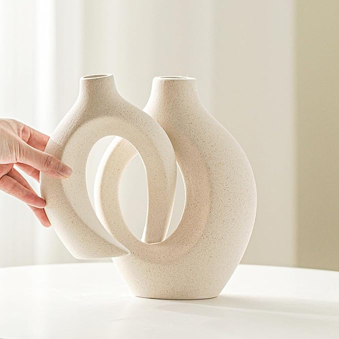 Hollow Ceramic Vase Set of 2, Modern Nordic Minimalist Book Style Boho Aesthetic Vases for Home Decor Living Room Shelf Entryway Coffee Centerpiece Table Decorative (Cream White)