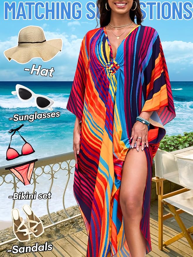 ChiaoLezhee Print Moo-Moos for Women, Kaftan Cover-Up Dresses, Sexy V-Neck High-Slit, Beach Pool-Party Coverups Muumuu Plus